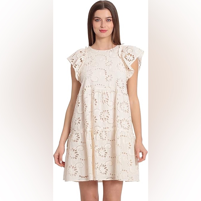Maggy London Jewel Neck Tiered Skirt Babydoll Flutter Sleeve Dress Size 10